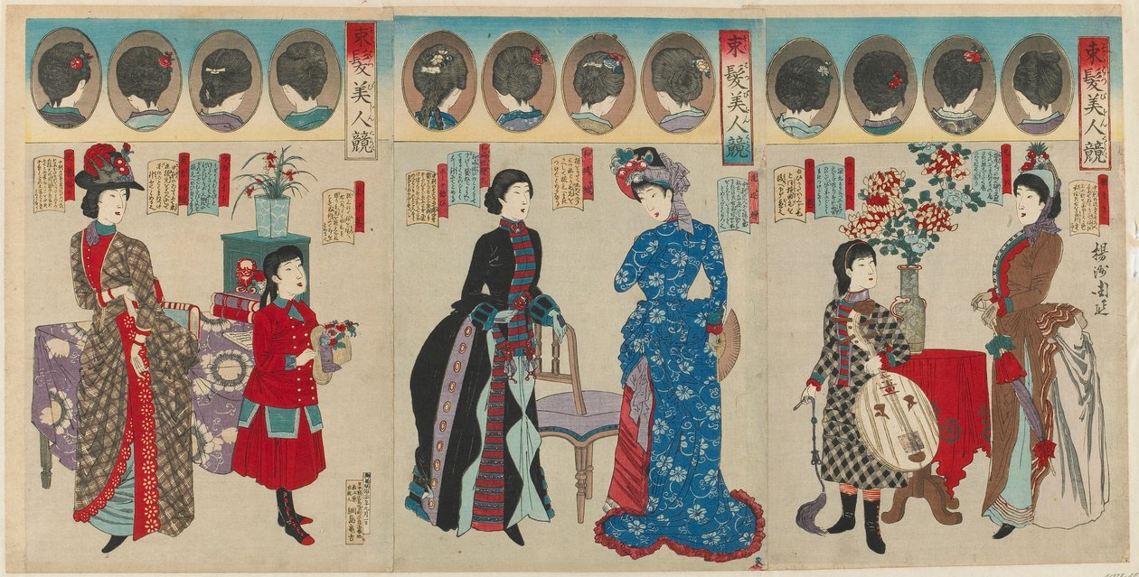 Kauniiden naisten vertailu länsimaisissa coiffuresissa, Meiji-aikakausi, 1887 (värillinen puupalikkaprintti) tekijältä Toyohara Chikanobu