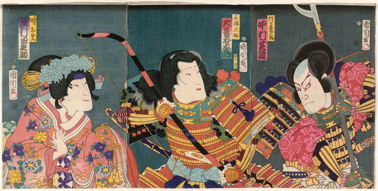 Näyttelijät Nakamura Shikan IV hahmona Sasaki Tozaburo R, Otani Tomoemon V Miuranosuke C ja Sawamura Tanosuke III Toki-hime L tekijältä Toyohara Kunichika