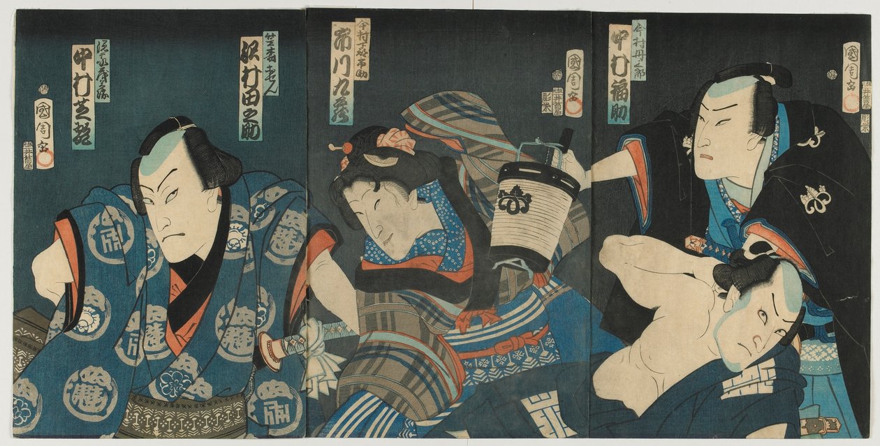 Kohtaus Kabuki-draamasta, Edo-kausi, 1865 (värillinen puupainatus) tekijältä Toyohara Kunichika