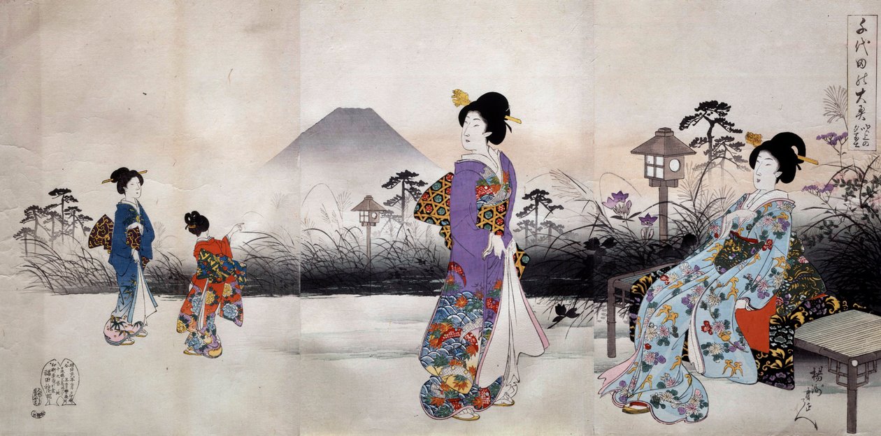 Japanilaiset naiset kävelemässä Fuji-vuoren edessä Toyohara Chikanobun (1838-1912) japanilainen printti 1896 Yksityinen kokoelma tekijältä Toyohara Chikanobu