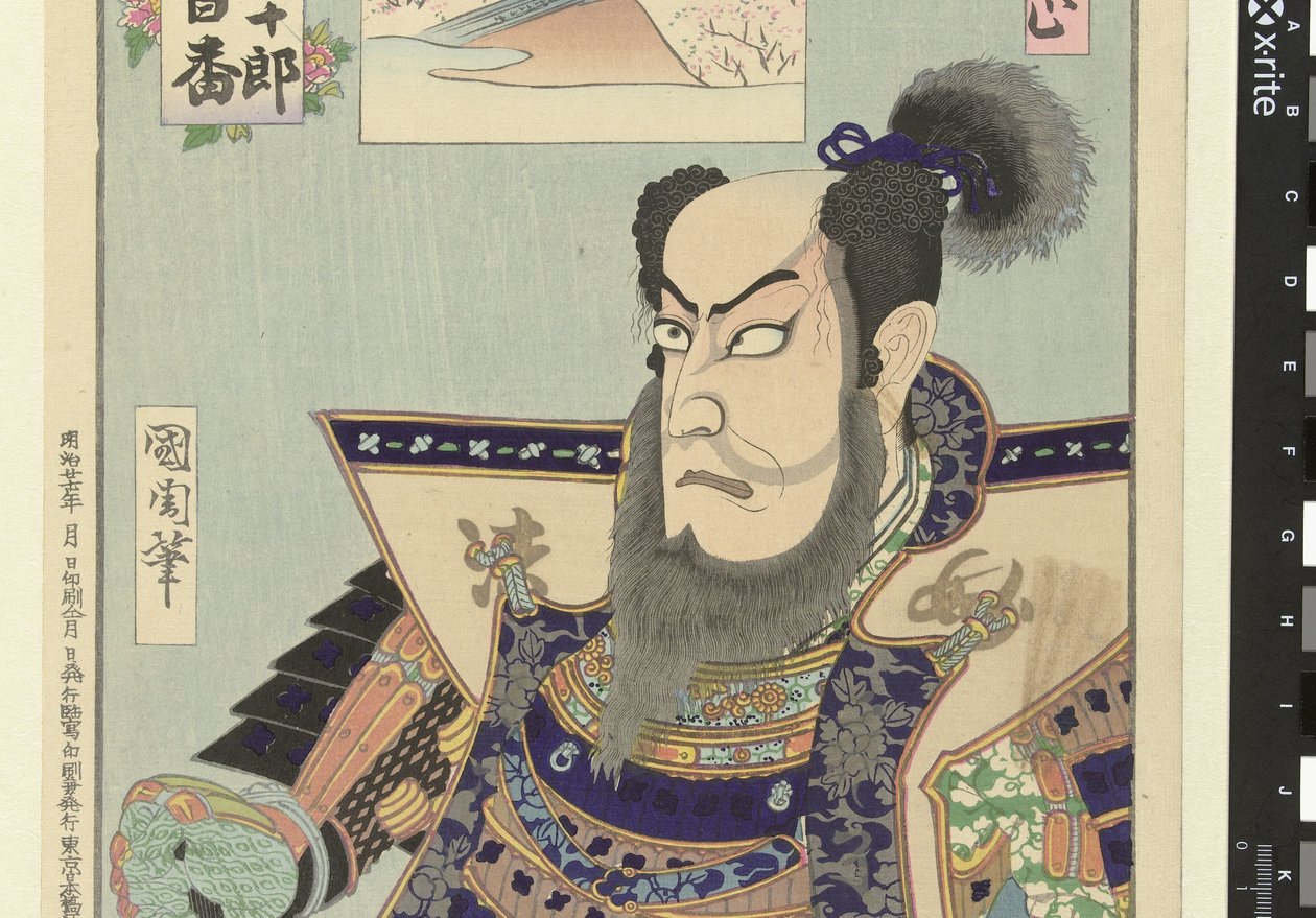 Ichikawa Danjuro IX hahmona Kato Kiyomasa Kato Kiyomasa (otsikko esineessä) Honderd rollen van Ichikawa Danjuro IX (sarjan nimi) Ichikawa Danjuro engei hyakuban (sarjan nimi esineessä) tekijältä Toyohara Kunichika