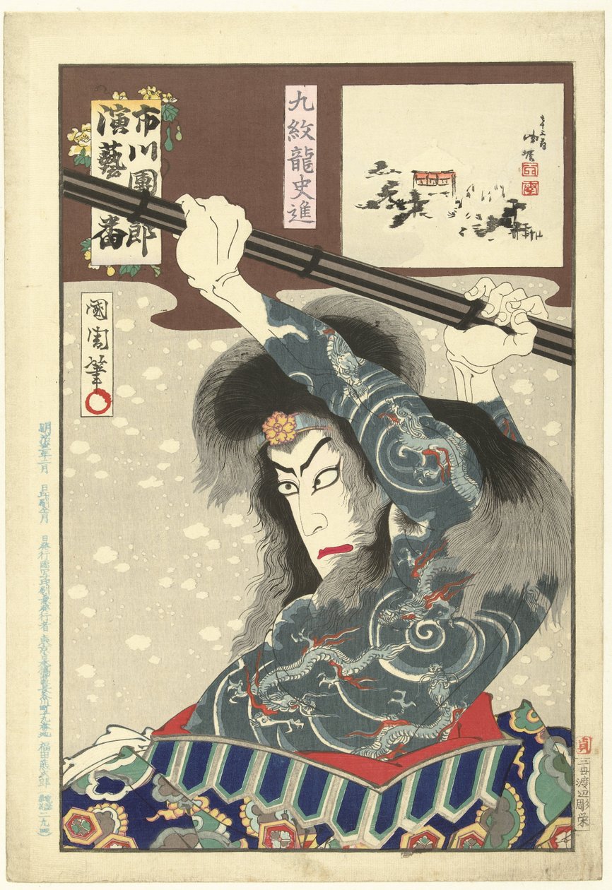 Ichikawa Danjuro IX hahmona Kyumonryo Shishin Kyumonryo Shishin (otsikko esineessä) Honderd rollen van Ichikawa Danjuro IX (sarjan nimi) Ichikawa Danjuro engei hyakuban (sarjan nimi esineessä) tekijältä Toyohara Kunichika