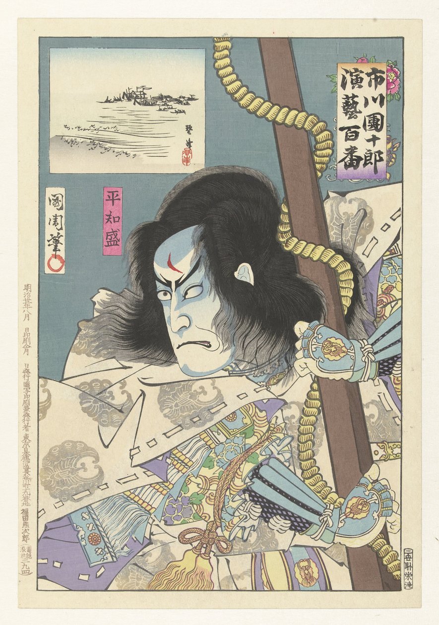 Ichikawa Danjuro IX hahmona Taira no Tomomori Taira no Tomomori (otsikko esineessä) Honderd rollen van Ichikawa Danjuro IX (sarjan nimi) Ichikawa Danjuro engei hyakuban (sarjan nimi esineessä) tekijältä Toyohara Kunichika