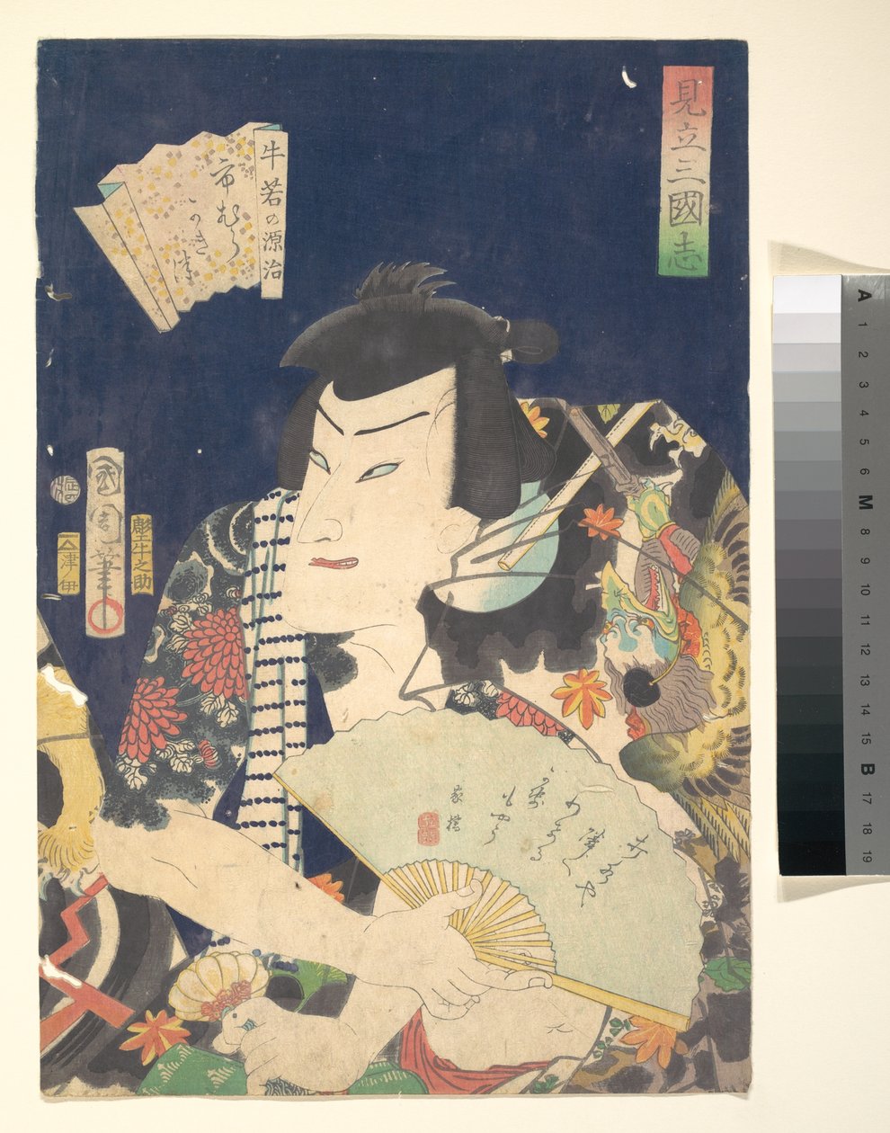Ichimura Kakitsu IV als Ushiwaka no Genji im Kabuki-Stück Eine Parodie der Romanze der Drei Königreiche tekijältä Toyohara Kunichika