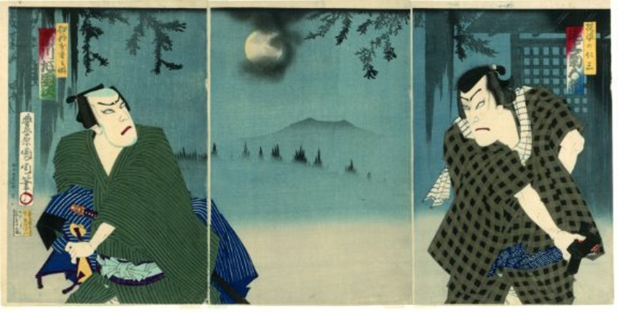 Onoe Kikugorō V hahmona Daiba no Jinzō ja Ichikawa Sadanji I Itamiya Jubeina tekijältä Toyohara Kunichika