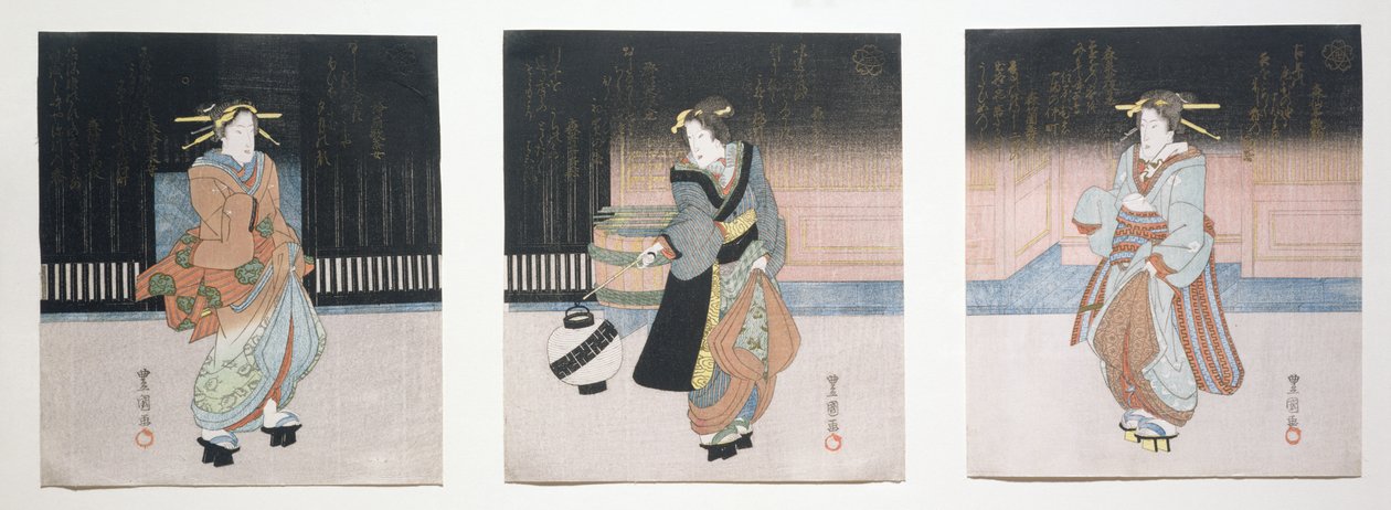 Geisha at Night Triptyykki, 1818-30 (puulohkokaiverrus) tekijältä Toyokuni II
