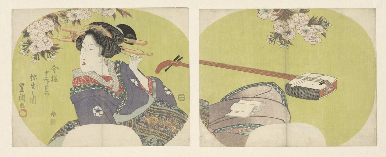 Kurtisaani ja shamisen The Modern Twelve Months (sarjan nimi) Imayo junikagetsu (sarjan nimi esineellä) tekijältä Toyokuni (II) , Utagawa