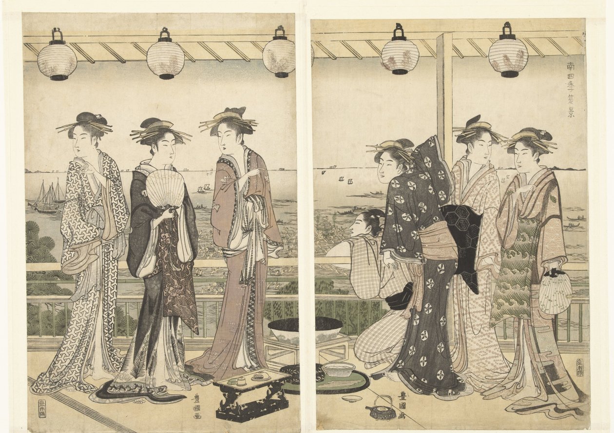 Kesäinen kohtaus Natsu kei (otsikko esineessä) The Four Seasons in the South (sarjan nimi) Minami shiki (sarjan nimi esineellä) tekijältä Toyokuni (II) , Utagawa