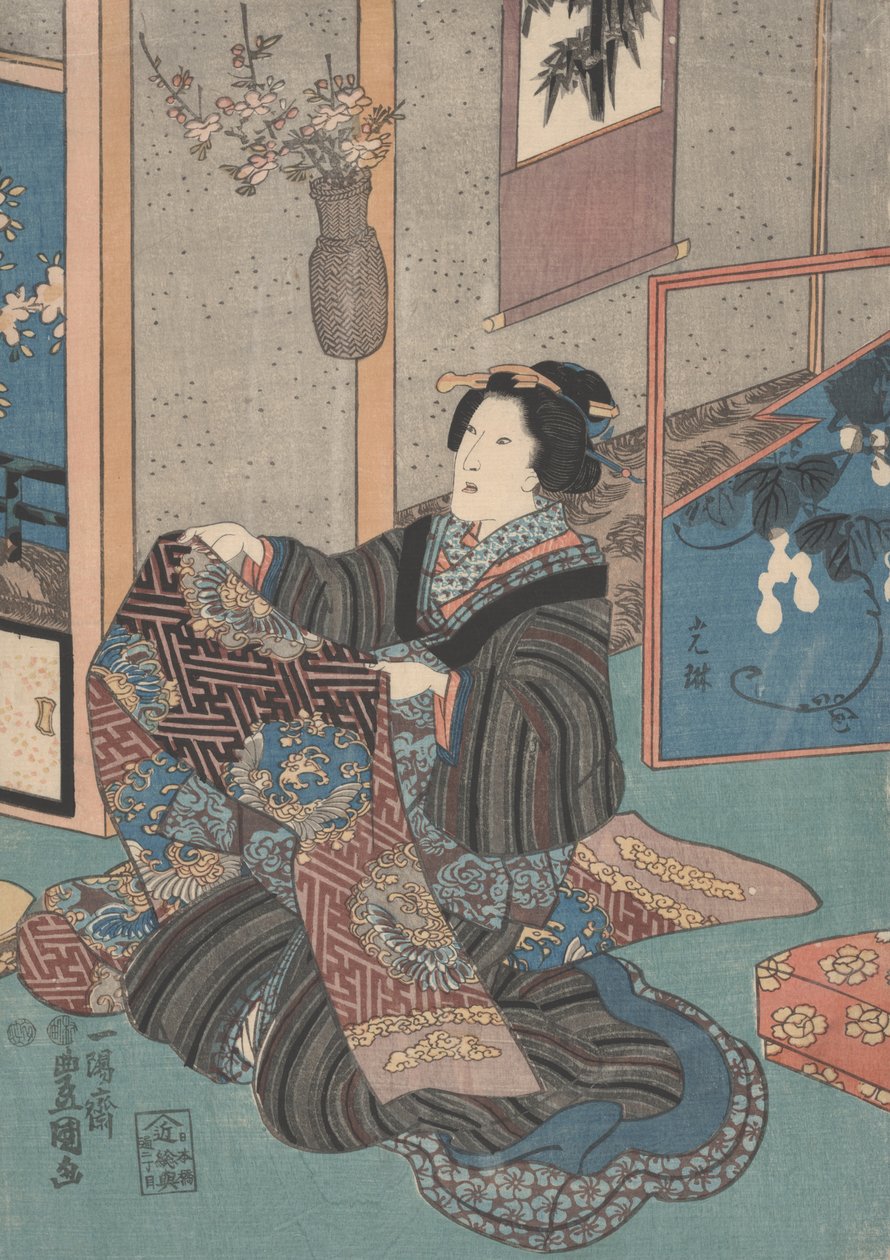 Nainen pitelee Obia tekijältä Utagawa Toyokuni
