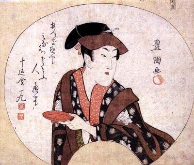 Näyttelijä Segawa Kikunojo III; näyttelijä esitetään lavan ulkopuolella ja hänen mukanaan on Jippensha Ikun runo, pub.1808 tekijältä Utagawa Toyokuni
