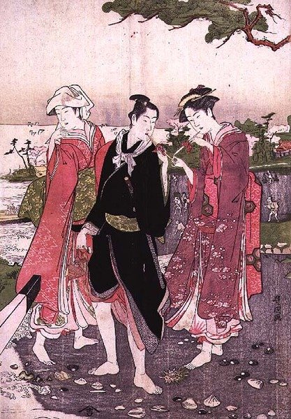 Kaksi tyttöä ja nuori rannalla, pubissa. noin 1780 tekijältä Utagawa Toyokuni