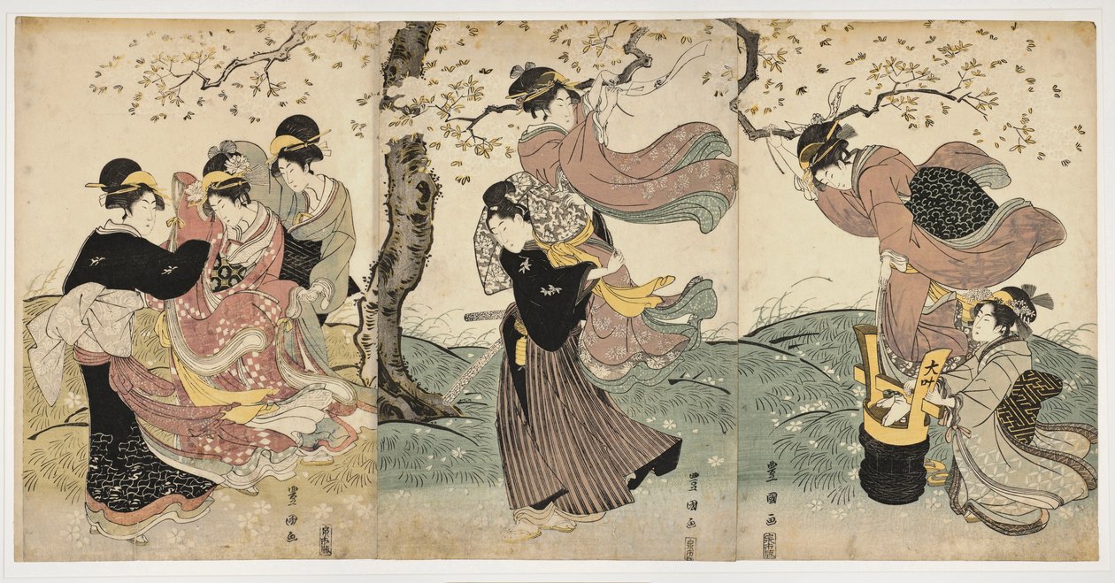 Japanilainen taide: Kukat tuulessa (kohtaus, jossa naiset ja mies ripustaa serpentiinejä puun oksista) - Utagawa Toyokunin (1769-1825) linoleikkaus (37,8x75,9), noin 1797-1800 - Honolulun taideakatemia tekijältä Toyokuni Utagawa