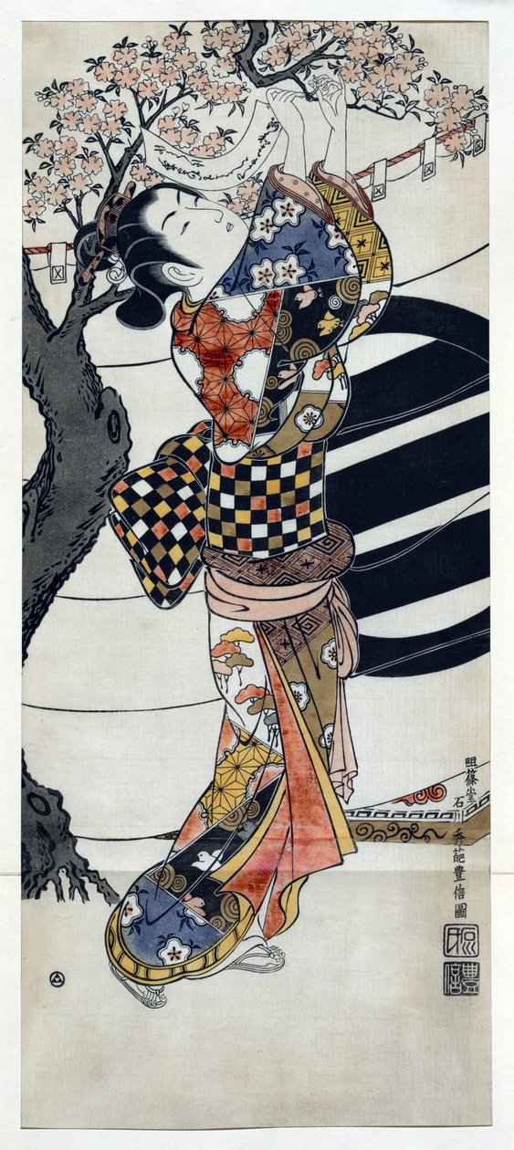 Kimonossa pukeutunut japanilainen nainen roikkuu runoja kukkivassa kirsikkapuussa, japanilainen puupiirros Ishikawa Toyonobu (1711-1785) c. 1741 tekijältä Toyonobu Ishikawa