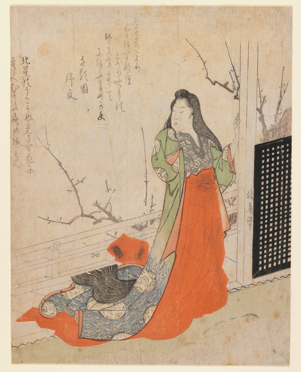 Surimono, Lady on a Terrace, n. 1830 (puupainatus) tekijältä Toyota Hokkei