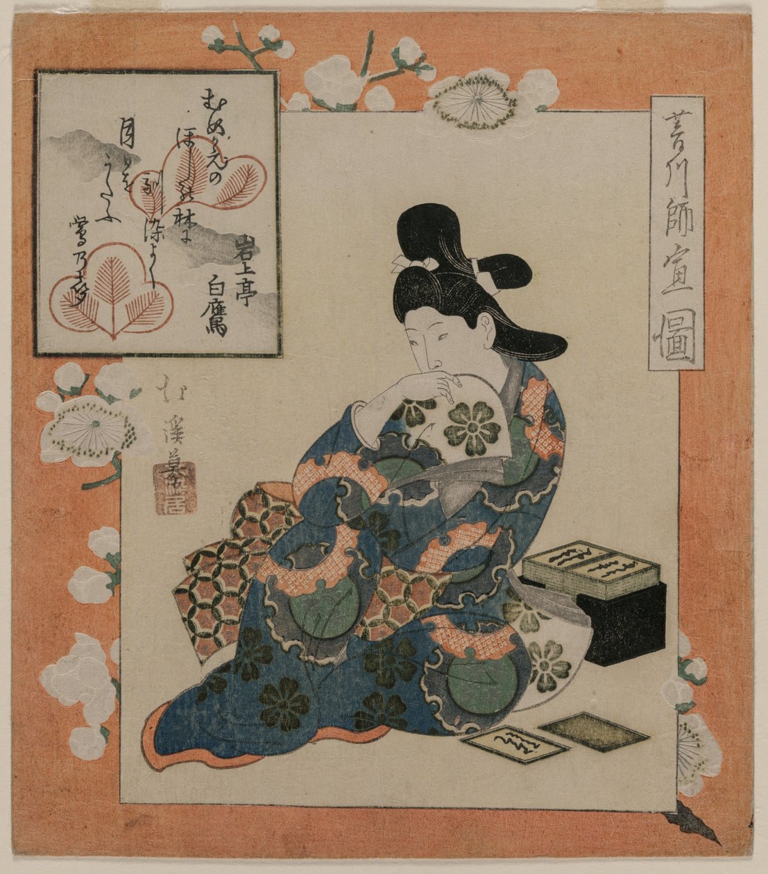 Hishikawa Moronobun kuva: Nainen runokorttisarjan kanssa, 1820-luvun puoliväli. tekijältä Toyota Hokkei