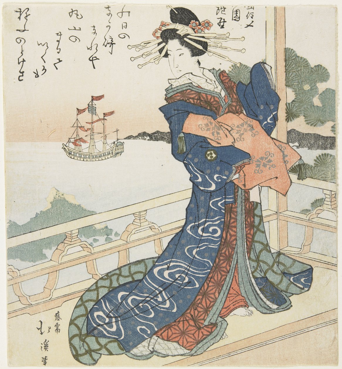 Kurtisaani katsomassa ulkomaista laivaa, 1818-1844 tekijältä Toyota Hokkei
