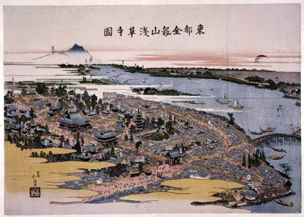 Kinryuzan Senso-ji -temppeli itäisessä pääkaupungissa (Edo) n. 1820 (puupainatus) tekijältä Toyota Hokkei