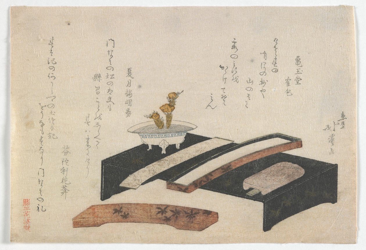 Surimono kuvaa kirjoituspöytää, Edo-kausi, n. 1800-1010 (värillinen puupainatus) tekijältä Toyota Hokkei