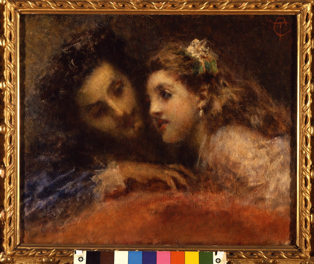 Attrazione (Ventovoima), mies nojaa lasta kohti rikoskumppanin ja rauhoittavan tavalla. Hän on luultavasti isä ja hänen tyttärensä (suusta suuhun). Tranquillo Cremonan (1837-1878) maalaus Galleria d