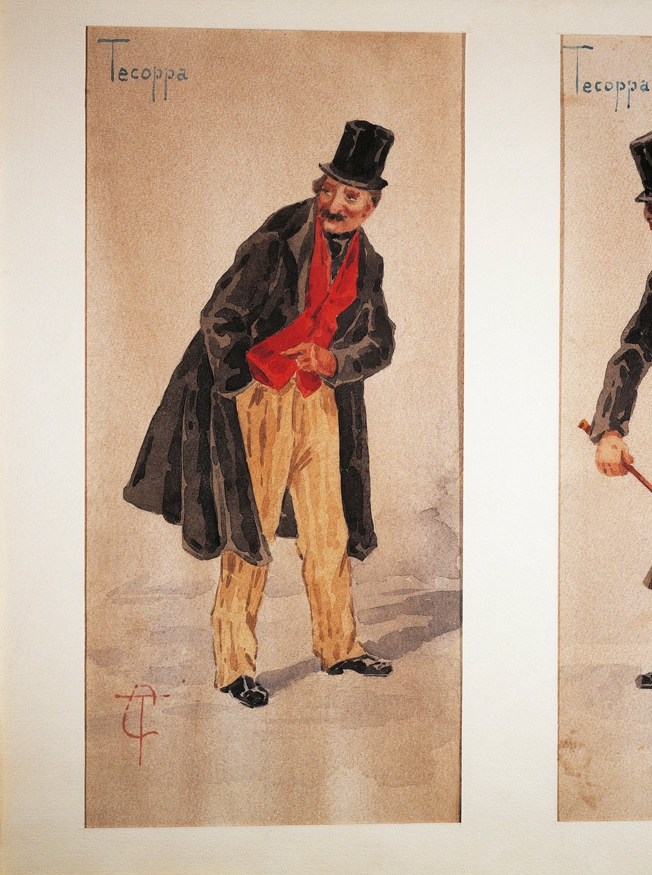 Milanolaisen näyttelijän Edoardo Ferravillan vuonna 1874 luoma Tecoppa-hahmo, Tranquillo Cremonan akvarelli tekijältä Tranquillo Cremona