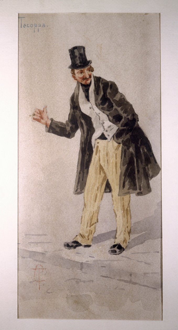 Milanolaisen näyttelijän Edoardo Ferravillan vuonna 1874 luoma Tecoppa-hahmo, Tranquillo Cremonan akvarelli tekijältä Tranquillo Cremona