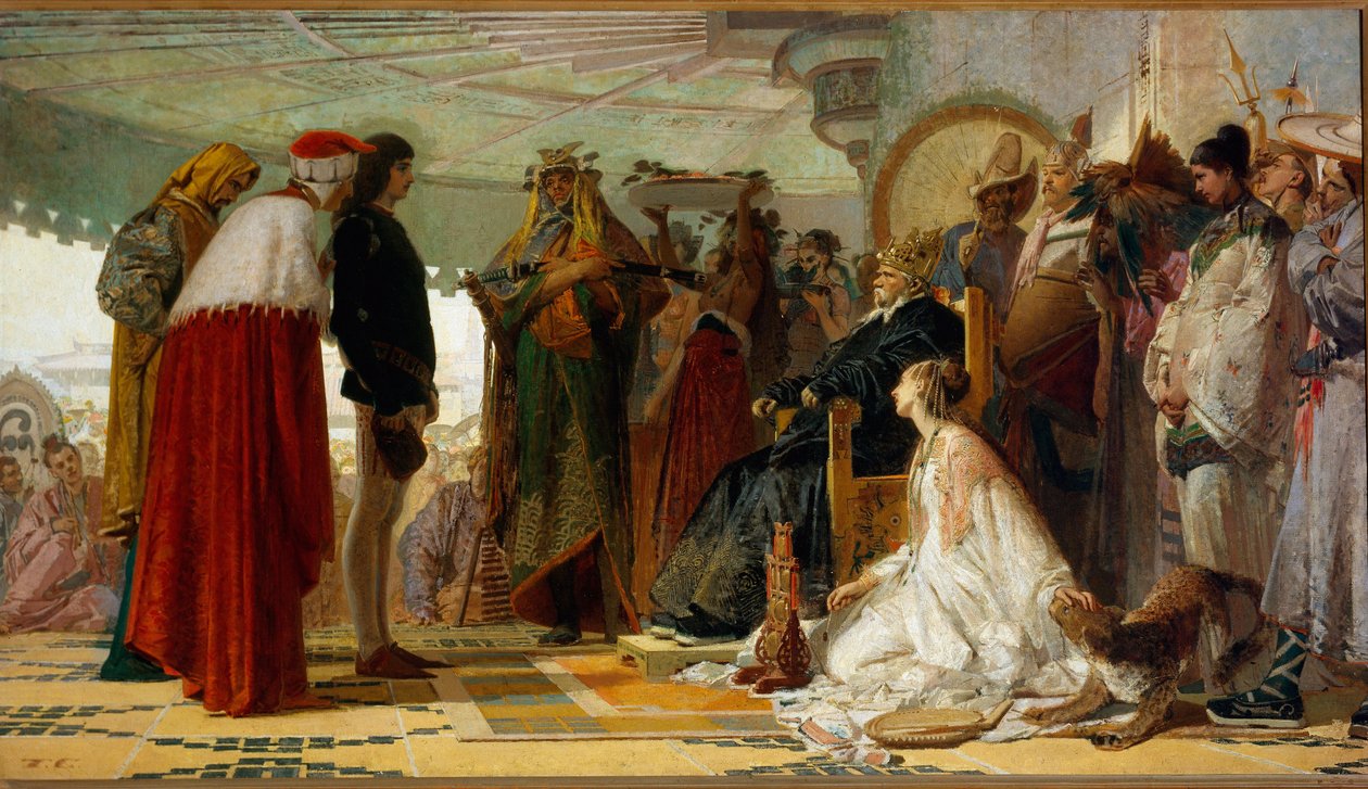 Venetsialainen navigaattori Marco Polo suuren Qubilain edessä tekijältä Tranquillo Cremona