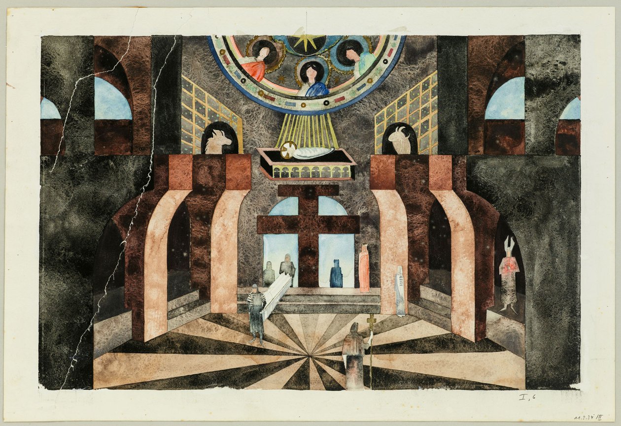 Lavastus Friedrich Hebbelin Tragedy Die Nibelungen -elokuvaan, noin 1934. tekijältä Traugott Müller