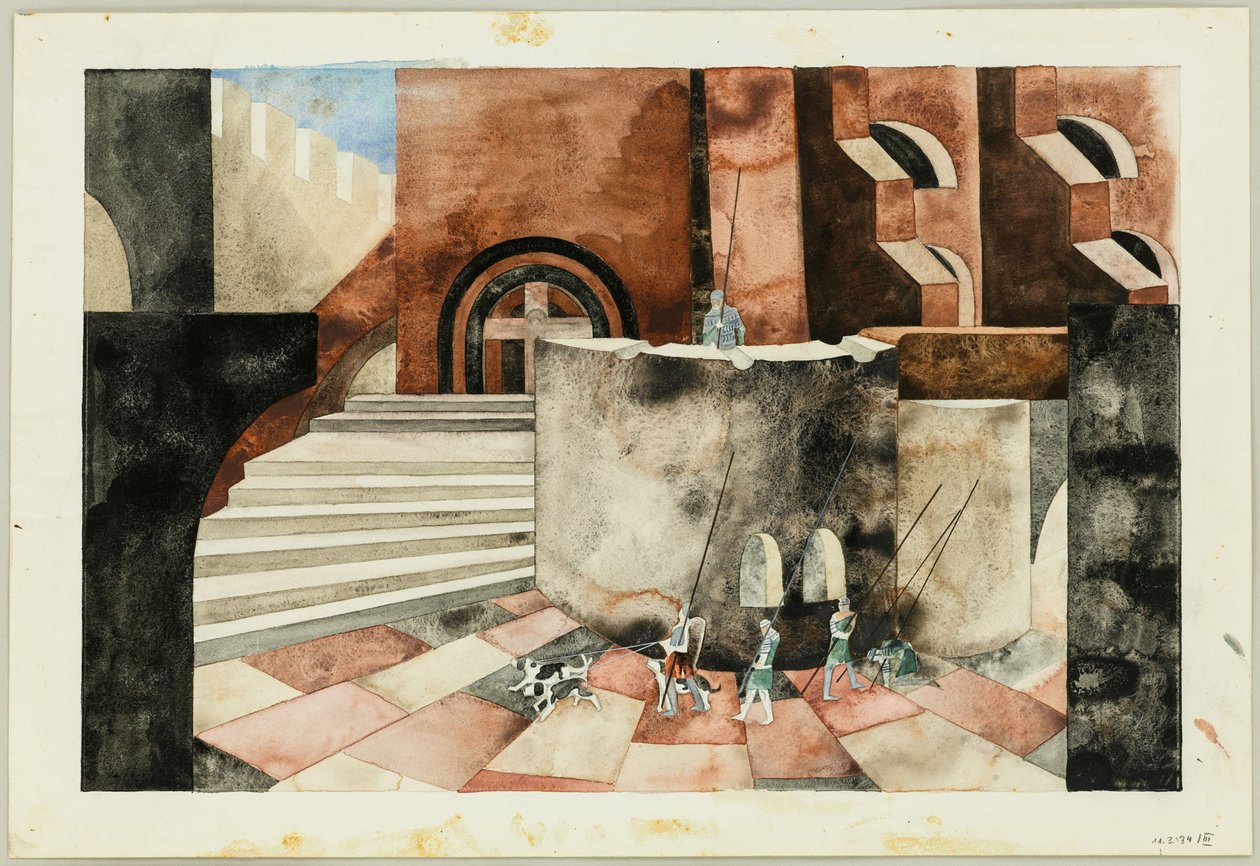 Lavasuunnittelu Friedrich Hebbelin Tragedy Die Nibelungen -elokuvaan, noin 1934. tekijältä Traugott Müller