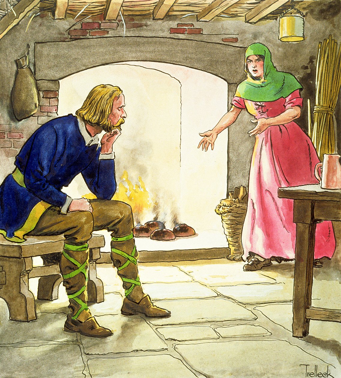 Kuningas Alfred (849-99), polttaa kakkuja, teoksesta "Peeps into the Past", julkaistu n. 1900 tekijältä Trelleek
