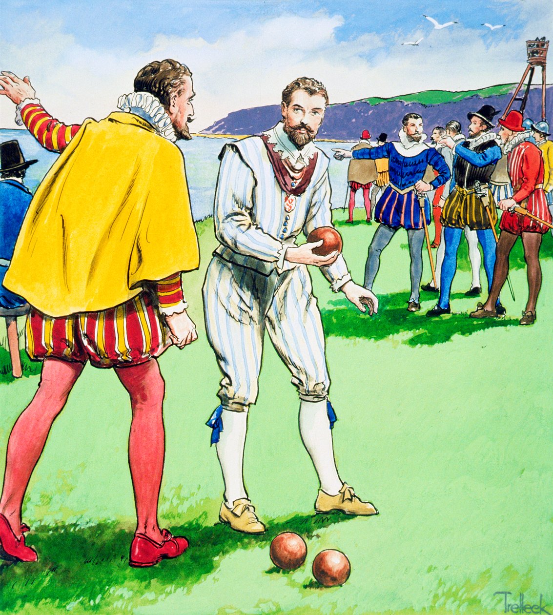 Sir Francis Drake pelaa kulhoja Plymouth Hoella, 1588 c1900 tekijältä Trelleek