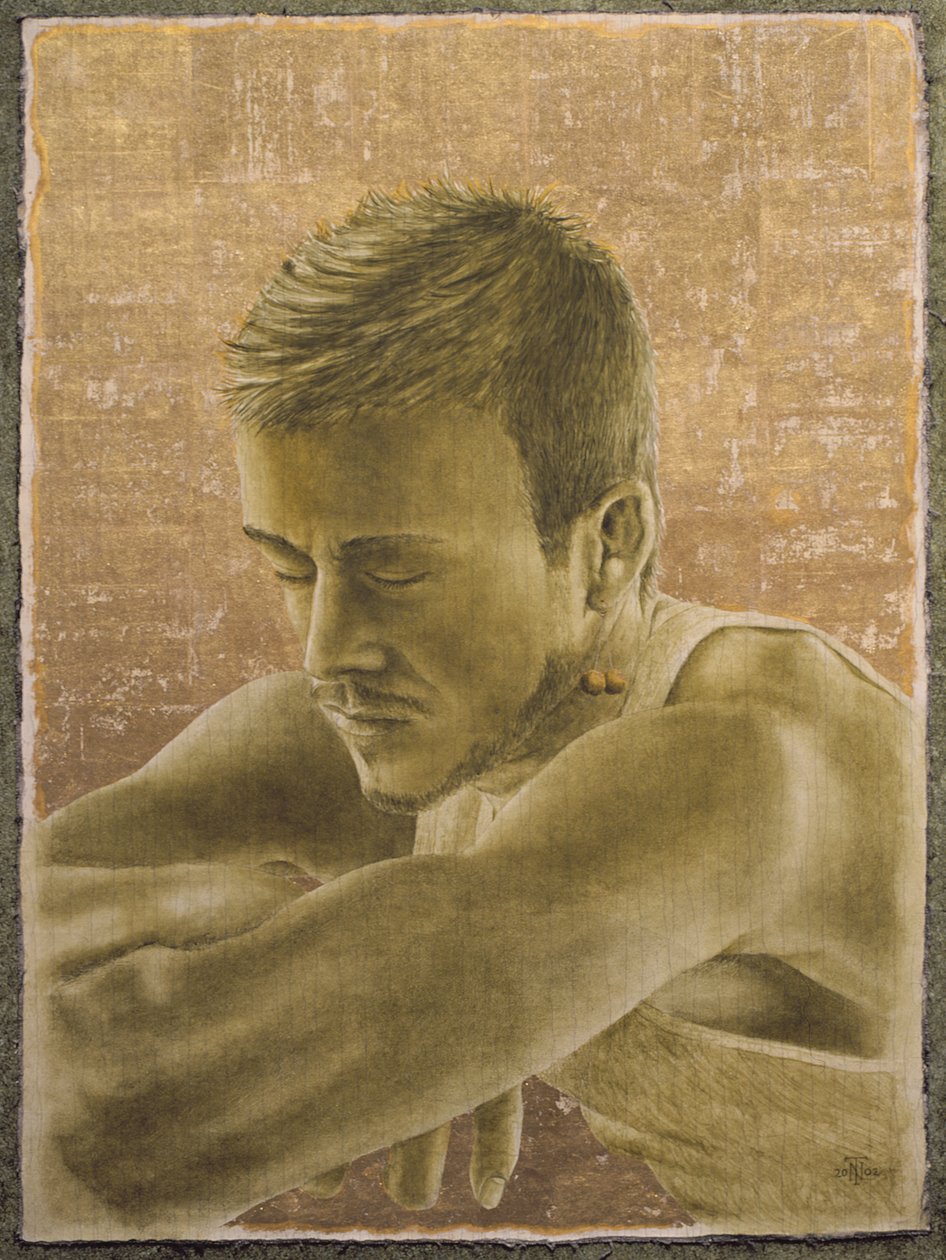 Beckham (s.1975) (öljy ja kultalehti halkeilevalla gessolla kankaalle laitettuna alukseen) tekijältä Trevor Neal
