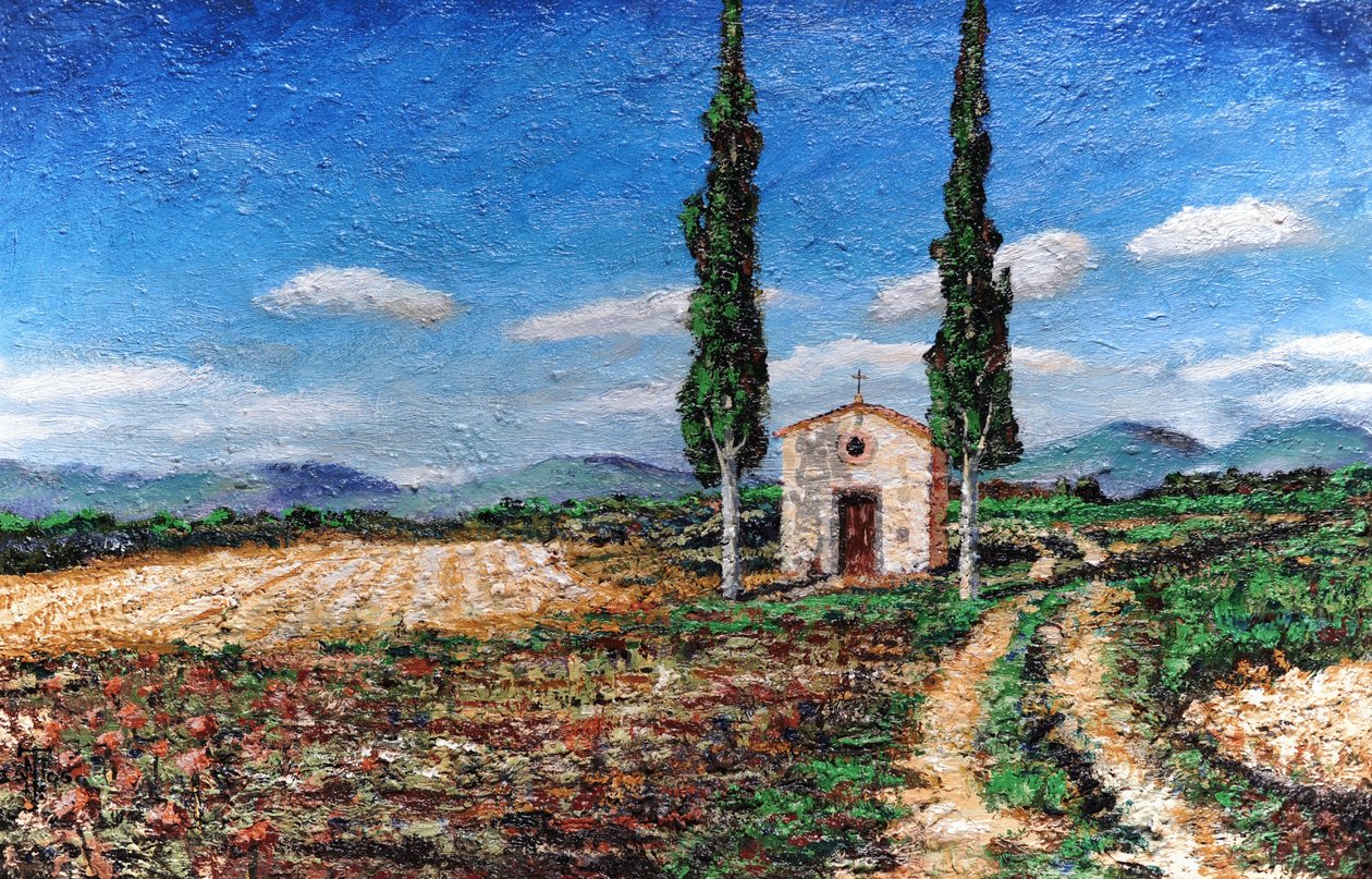 Kappeli ja kaksi puuta, Toscana, 2005 tekijältä Trevor Neal
