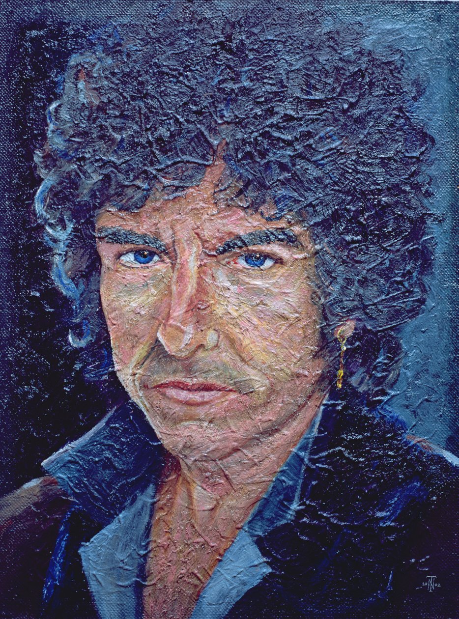 Dylan (s.1941) (öljyakryyli alabastiinilla Hessian laidalla) tekijältä Trevor Neal