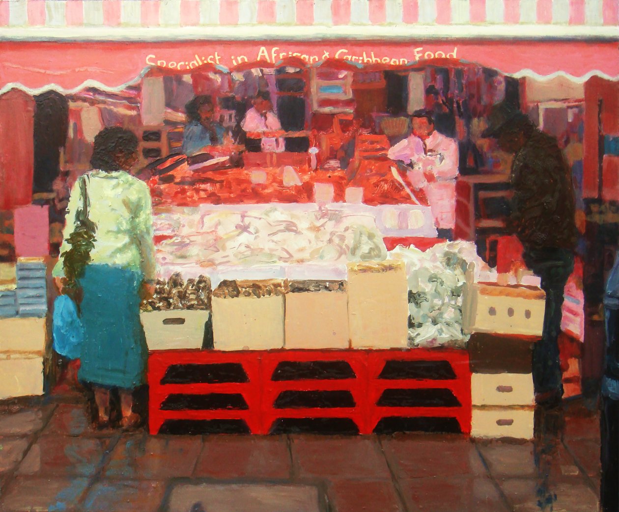 Afrikkalainen ja karibialainen ruoka, 2010 (öljy kartongille) tekijältä Trevor Burgess