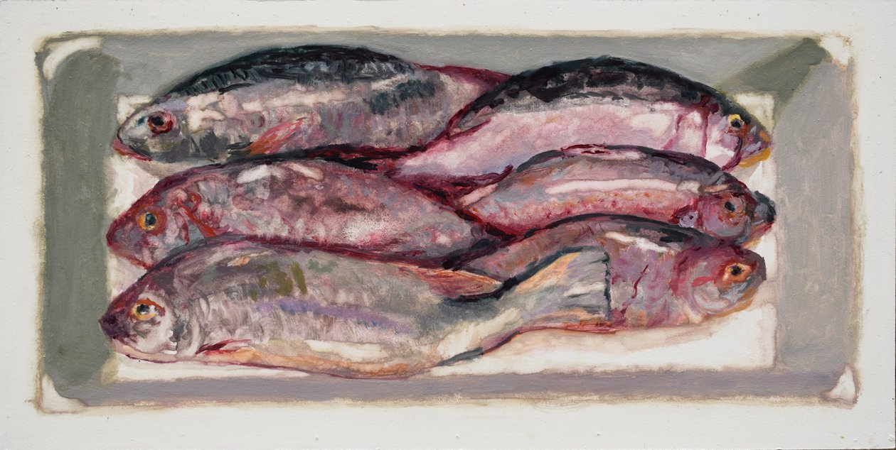 Kalalaatikko 1 (Billingsgate, Lontoo), 2016 (öljy kartongille) tekijältä Trevor Burgess