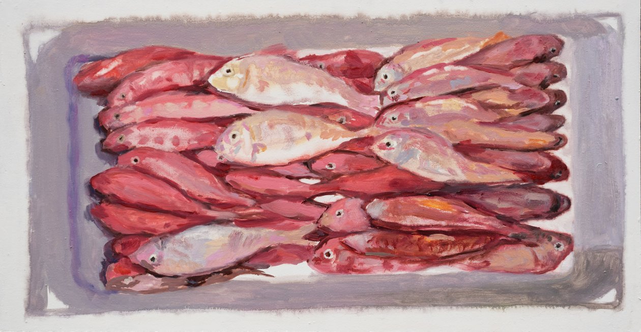 Kalalaatikko 4 (Billingsgate, Lontoo), 2016 (öljy kartongille) tekijältä Trevor Burgess