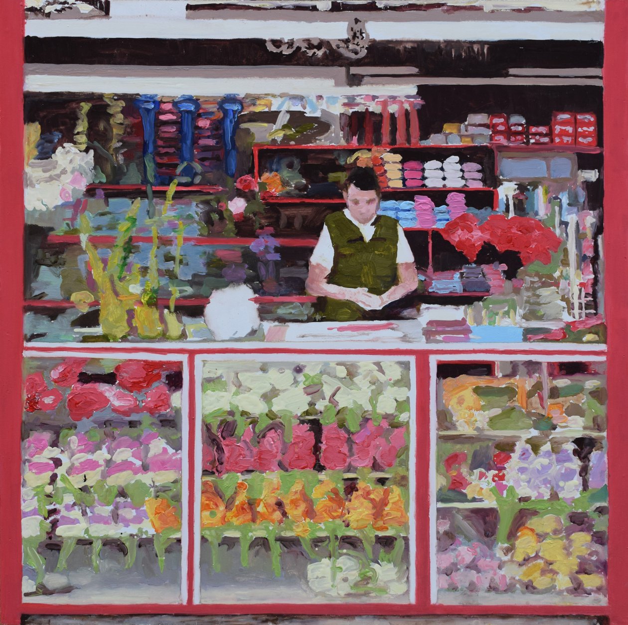 Kukkakioski (Bogotá, Kolumbia), 2016 (öljy kartongille) tekijältä Trevor Burgess