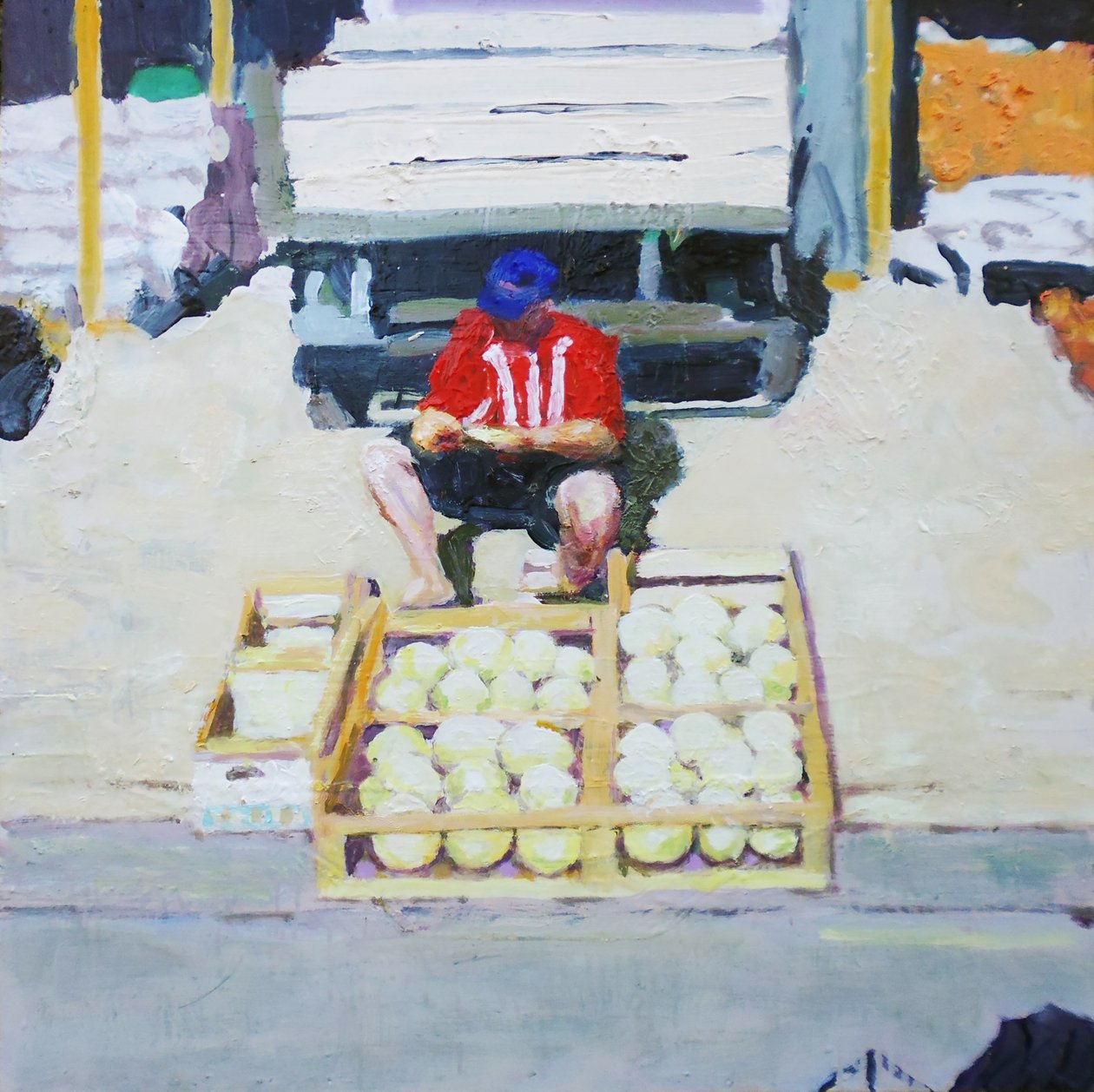 Meloneita myyvä mies (San Juan, Argentiina), 2014 (öljy kartongille) tekijältä Trevor Burgess