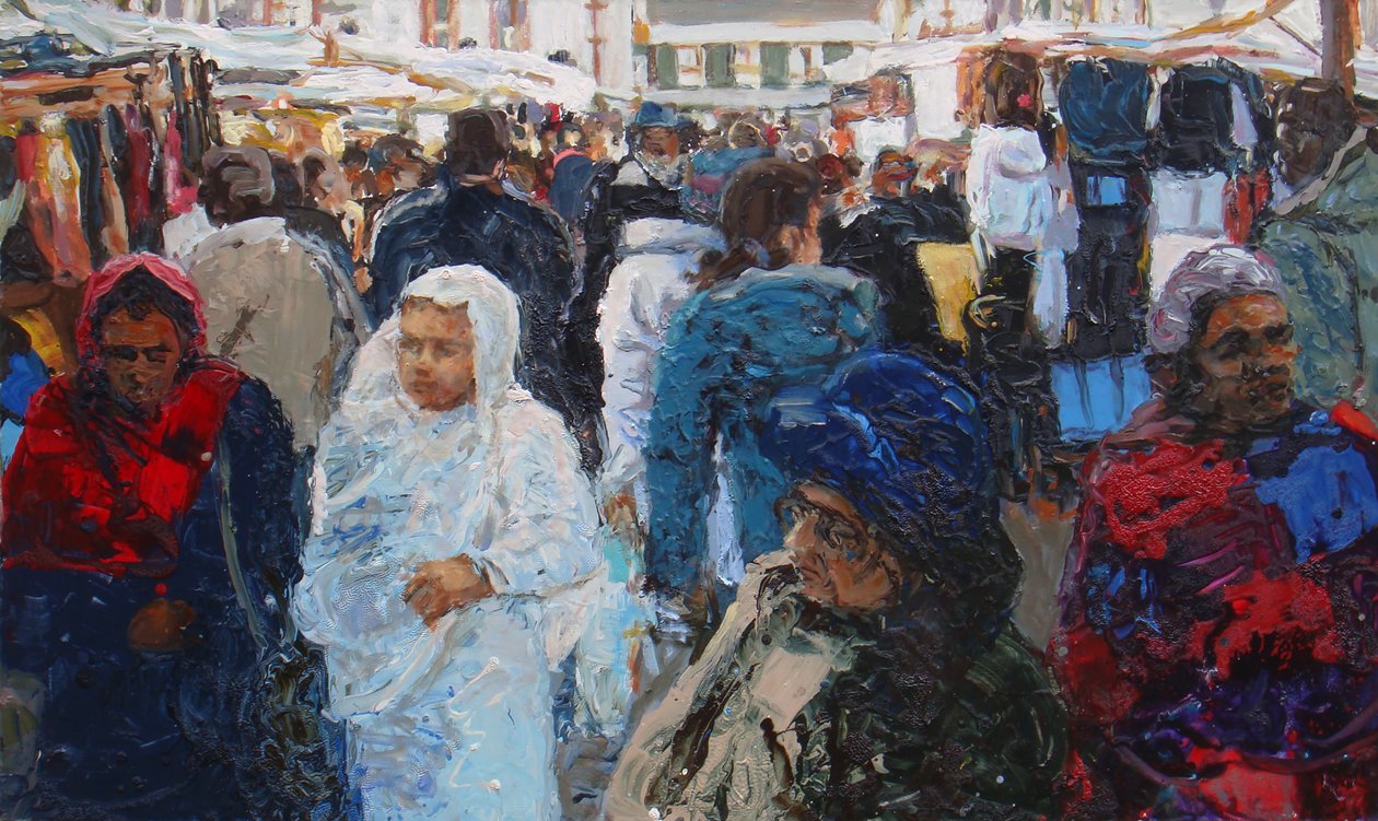 Market shoppers (Ridley Road, Lontoo), 2011 (öljy kankaalle) tekijältä Trevor Burgess