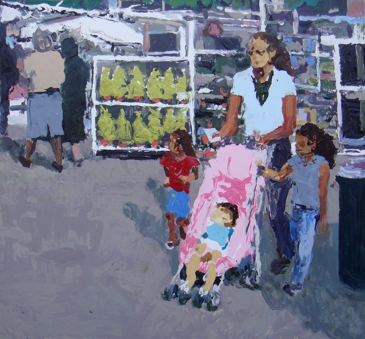 Äiti ja lapset ostoksilla (Lewishamin tori, Lontoo), 2008 (öljy kankaalle) tekijältä Trevor Burgess