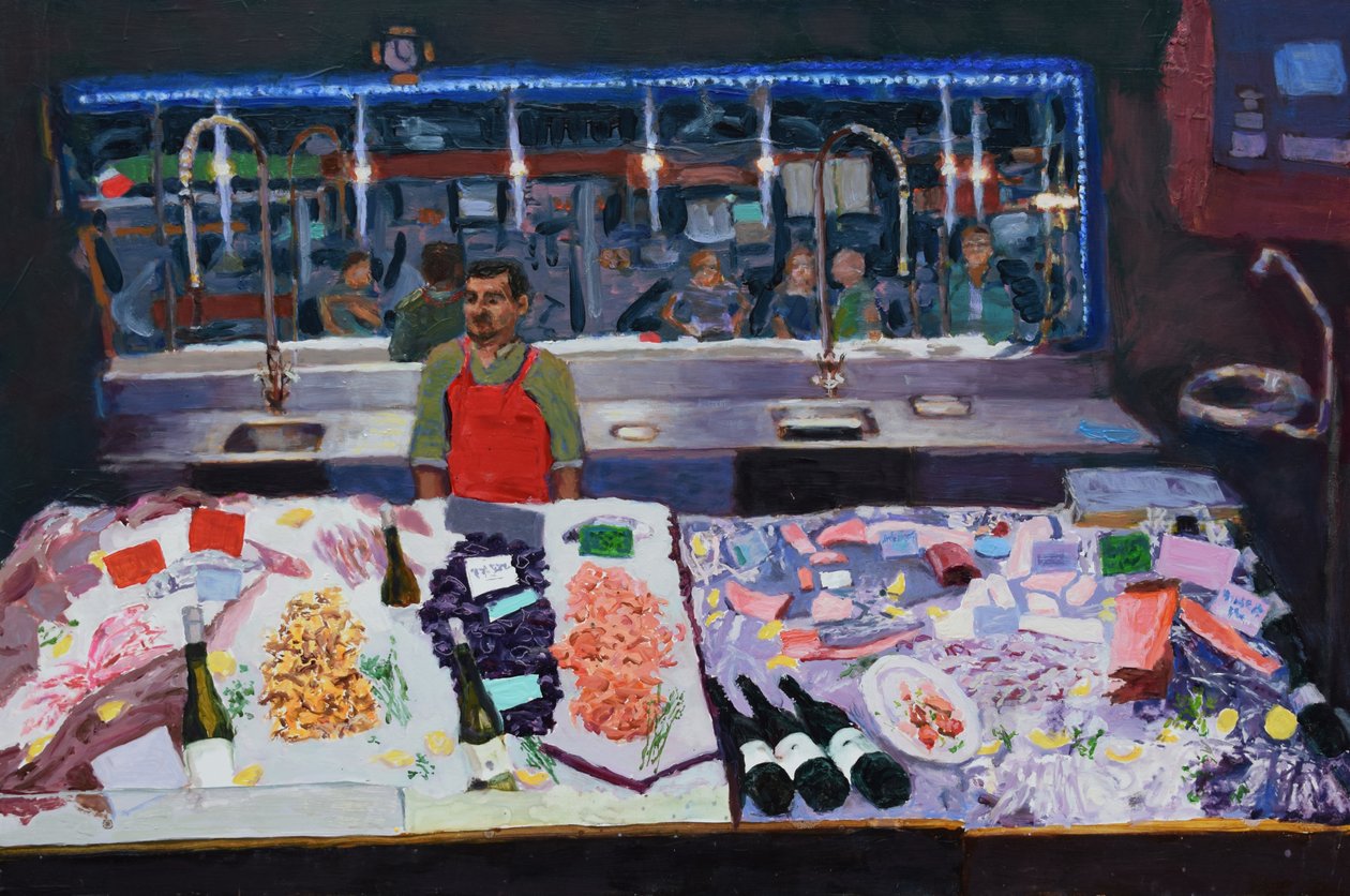 Seafood counter (Pariisi), 2016 (öljy laudalle) tekijältä Trevor Burgess