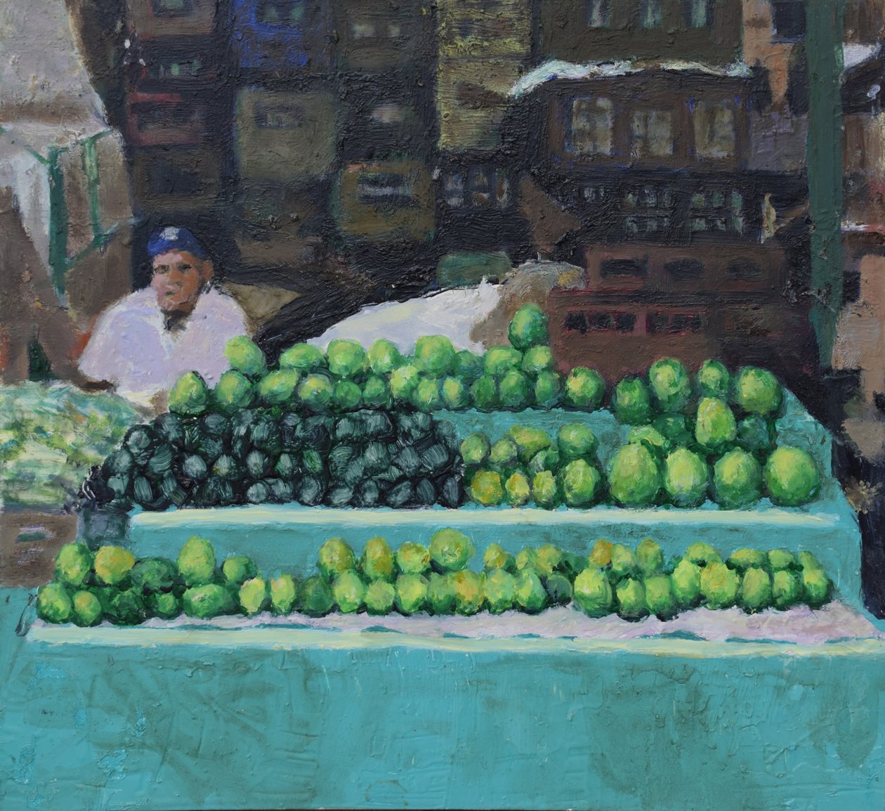 Mangojen ja avokadojen myynti (Bogotá, Kolumbia), 2016 (öljy kartongille) tekijältä Trevor Burgess
