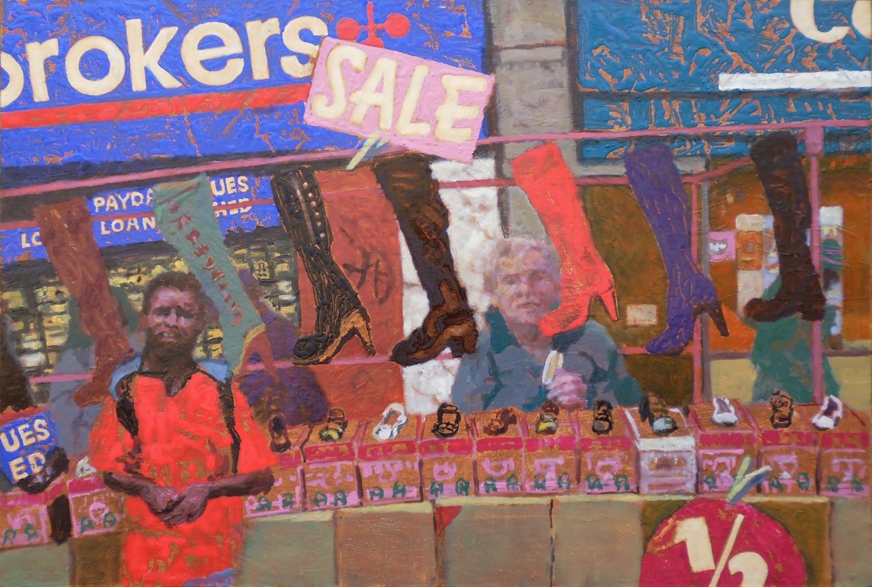 Kenkäkauppa (Deptford, Lontoo), 2013 (öljy kartongille) tekijältä Trevor Burgess