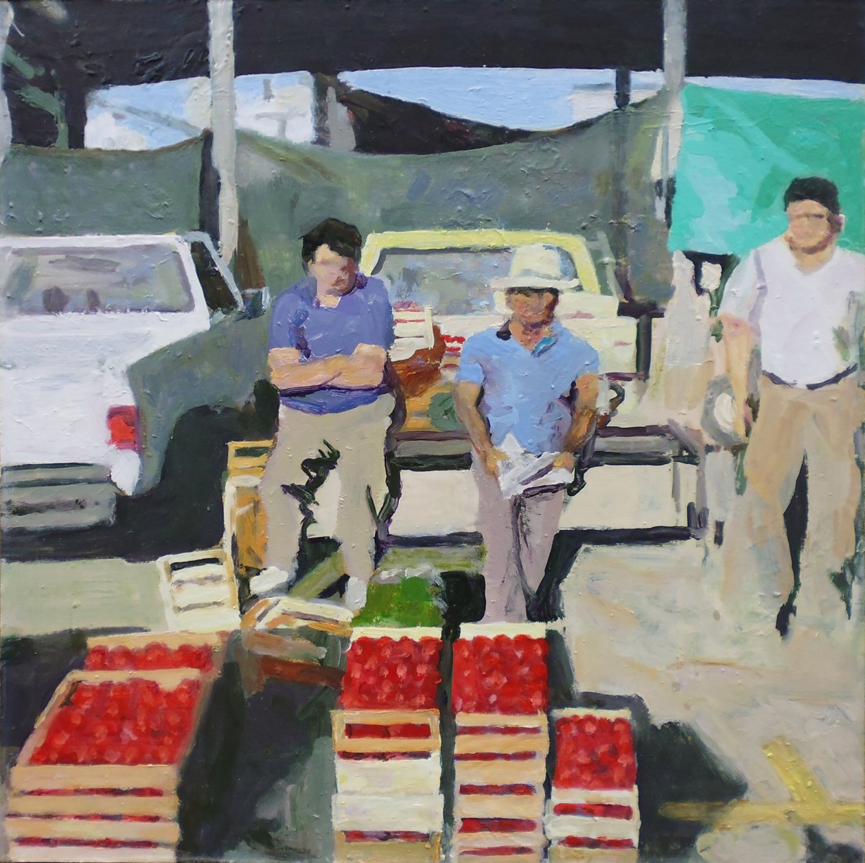 Kolme miestä myymässä tomaatteja (San Juan, Argentiina), 2014 (öljy kartongille) tekijältä Trevor Burgess