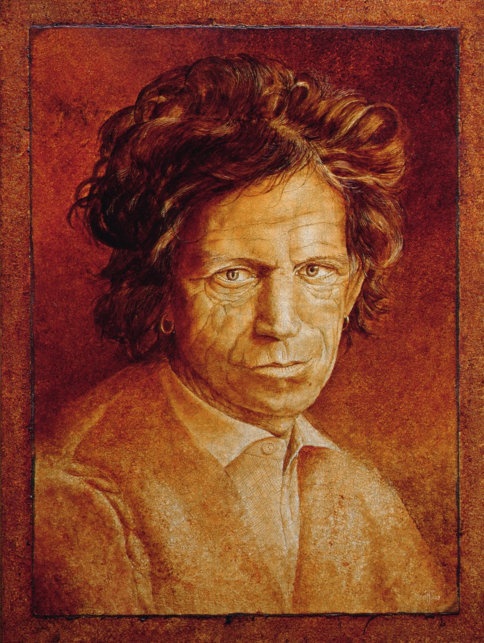 Keith Richards (s.1943) (öljylasitteet halkeilevalle gessolle kankaalle laitettuna alukseen) tekijältä Trevor Neal