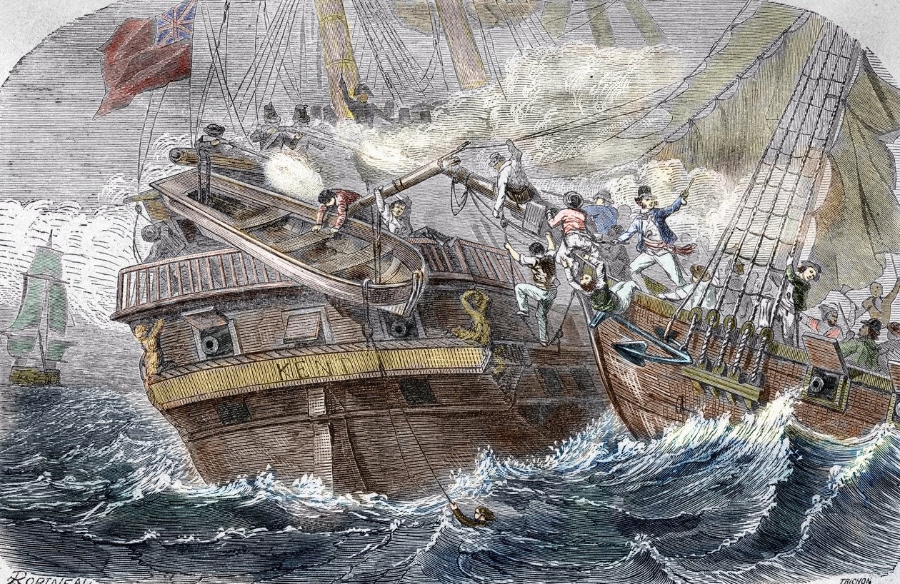 Kentin vangitseminen"" ranskalaisen yksityismiehen Robert Surcoufin (1773-1827) laivalla "" La Confidence"" 7.10.1800 Bengalinlahdella" (Fight between the French Confidence (Robert Surcouf) ja HMS Kent Bengalin lahdella, 7. lokakuuta 1800) tekijältä Trichon (after)