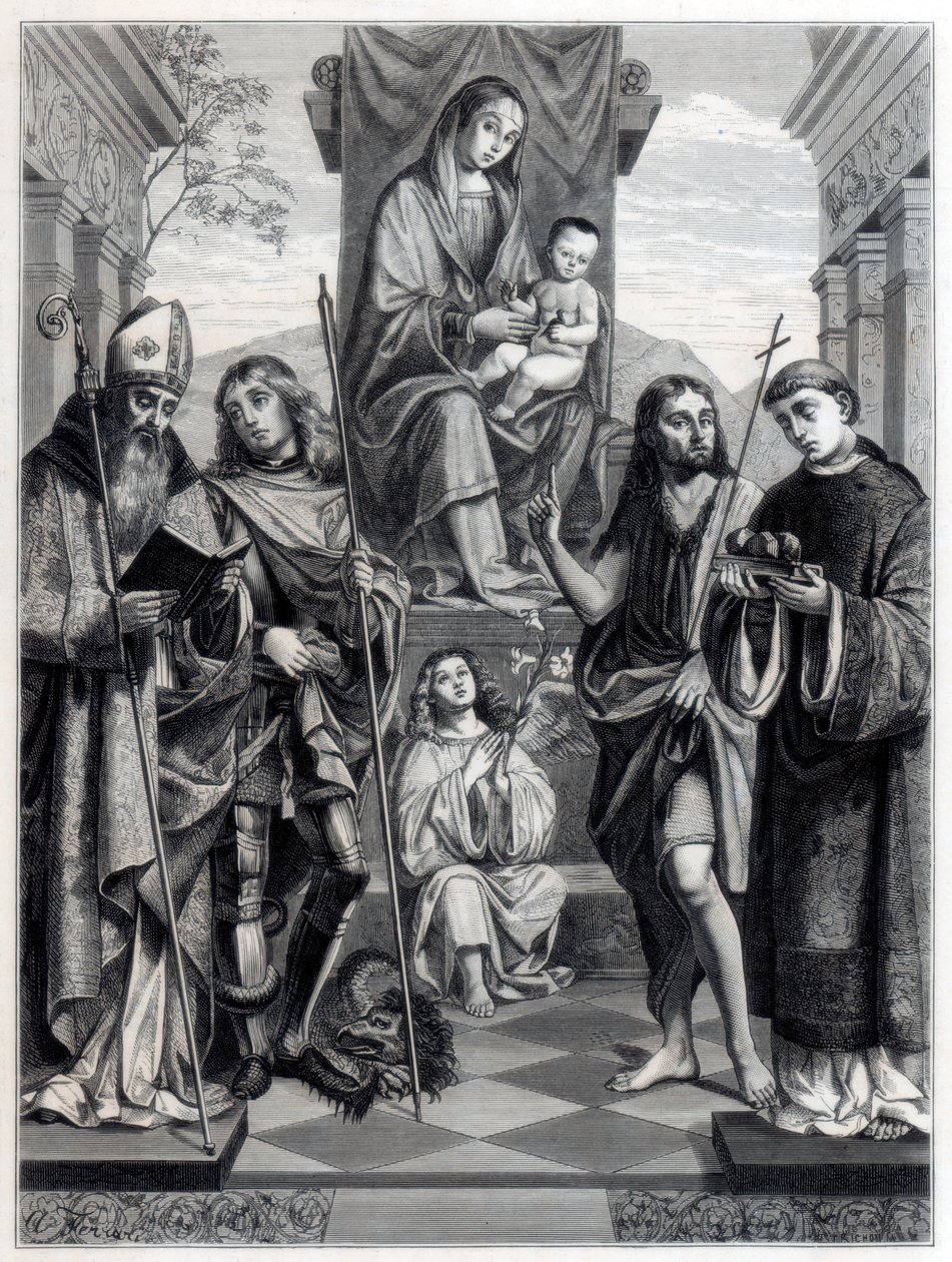 Madonna istuu valtaistuimella pyhien ympäröimänä, c1494-1517 1870 tekijältä Trichon