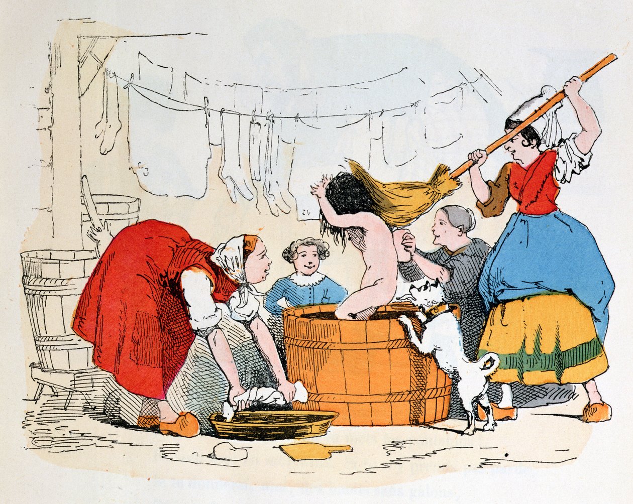 Pakollinen kylpy, kuvitus elokuvalle "Les Defauts Horribles", n. 1860 tekijältä Trim