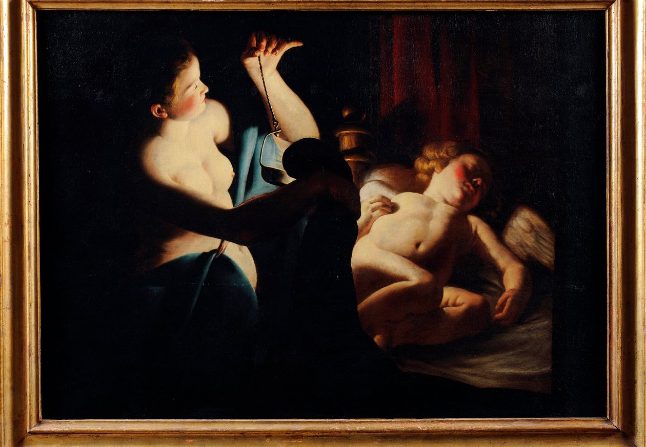 ""Psyche löytää Cupidon"" (Psyche löytää Cupidon) Trophimen (Theophisme) maalaus Bigot, dit le maitre a la chandelle (1579-1650) Öljy kankaalle - Pinacoteca Civica, Teramo tekijältä Trophime Bigot