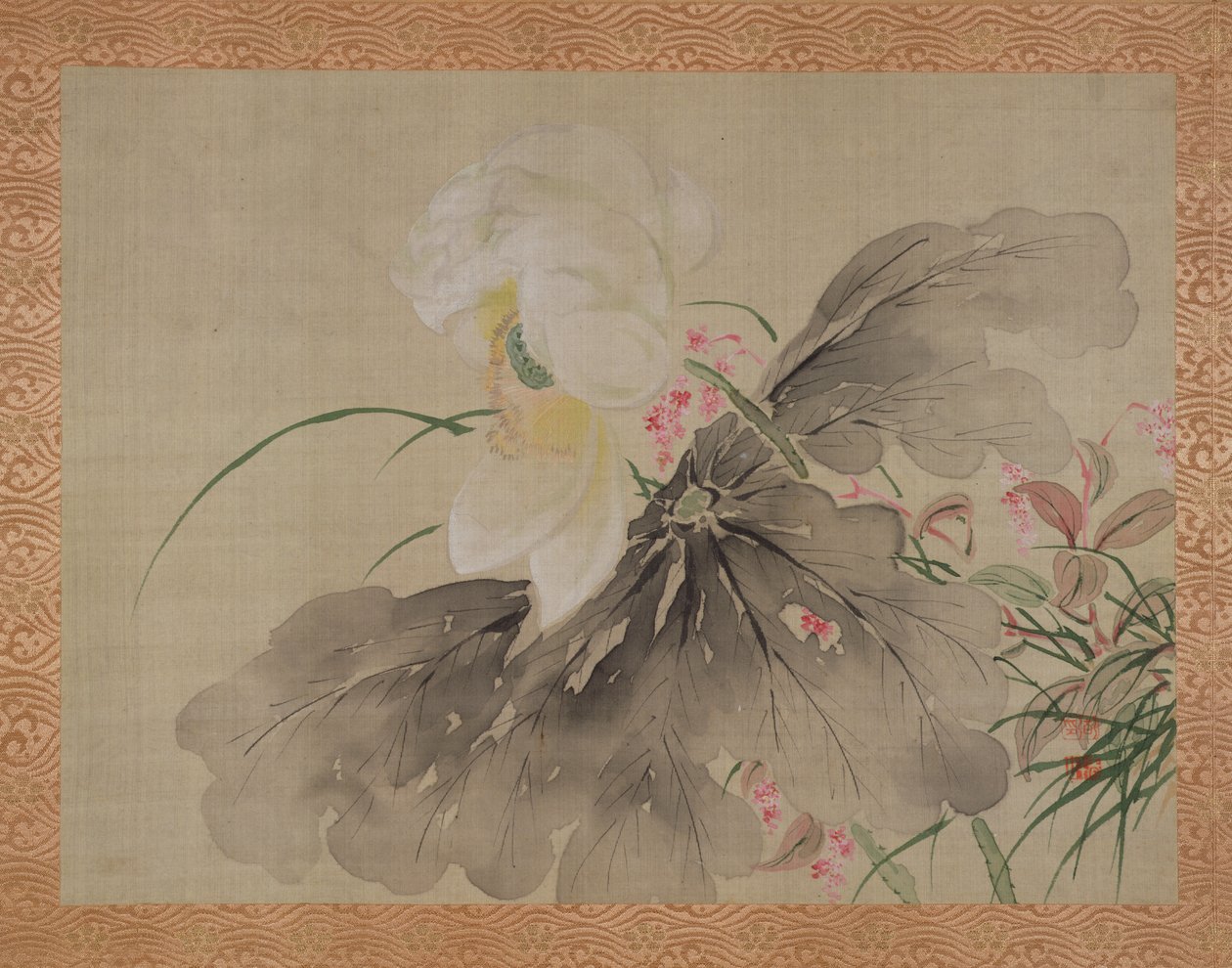 Pionipuu ja japanilainen rapu-omenapuu kukkimalla, 1851 (akvarelli silkillä) tekijältä Tsubaki Chinzan